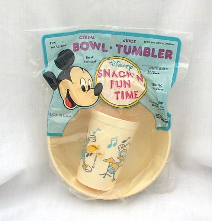 Vintage Childs Mickey Mouse Cereal Bowl and Tumbler Snack Set New In Plastic