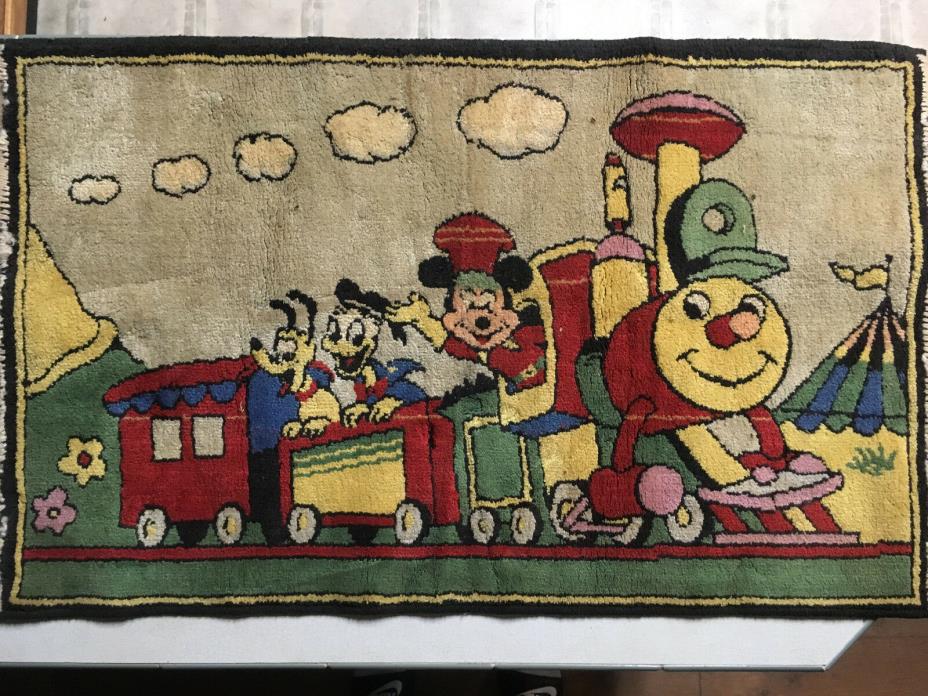 VINTAGE DISNEY MICKEY MOUSE & FRIENDS ON TRAIN AREA RUG WITH TAG MADE IN BELGIUM