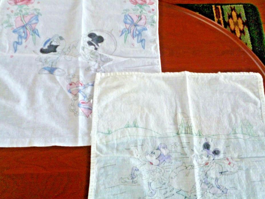 Two Vintage Mickey & Minnie Mouse Hankie Hand Stenciled? Handkerchiefs