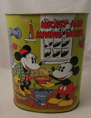 VINTAGE MICKEY AND  MINNIE MOUSE  WASTE BASKET WALT DISNEY PRODUCTIONS TIN