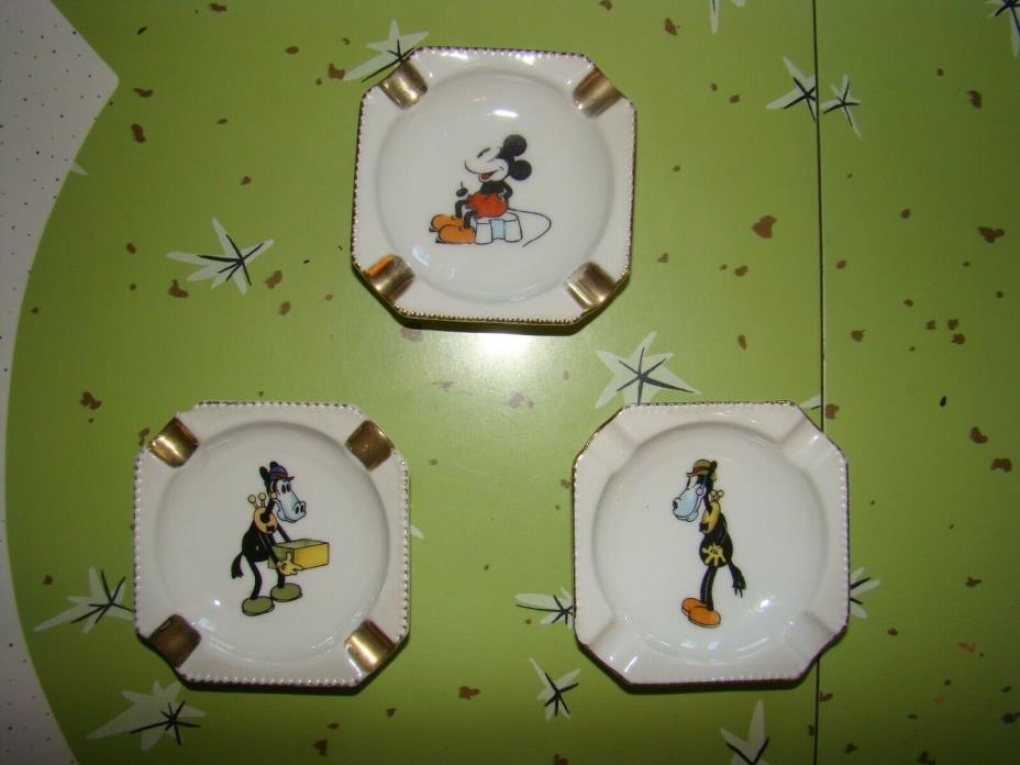 3 Vintage Rare 1930's Walter E Disney Bavaria Mickey Mouse ASHTRAYS Horace