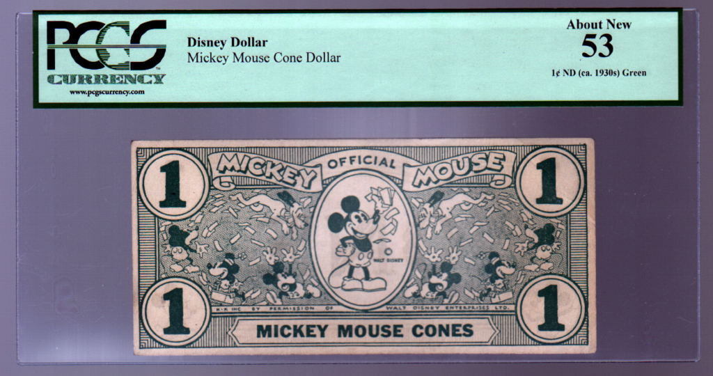 $1 Disney Green MICKEY MOUSE CONES Dollar PCGS GRADED 53 About New 1930's