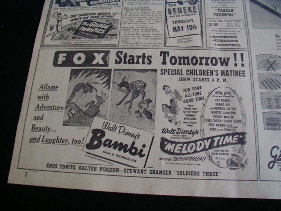 RARE 1951 Bambi movie newspaper ad walt disney melody time ad