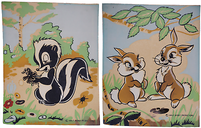 Vintage Walt Disney Lithograph Ink Prints Bambi Thumper Miss Bunny Flower Skunk