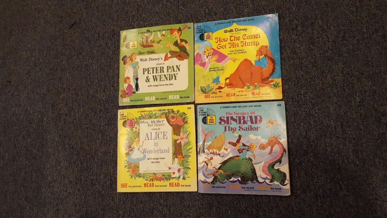 Walt Disney's Record And Book lot of 4 Alice In Wonderland, Peter Pan, Sinbad