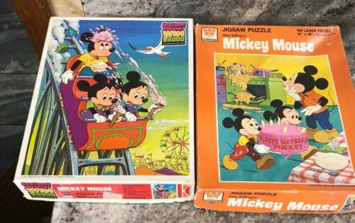 2 Vintage Whitman Jigsaw Puzzle Disney Mickey Mouse Coaster Birthday 100 piece