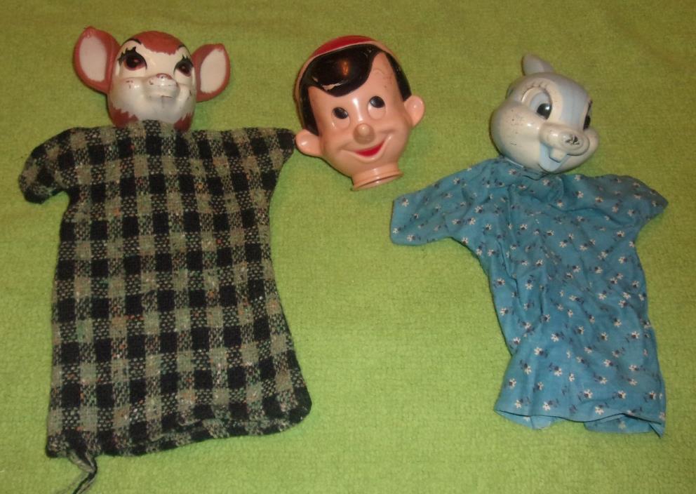 3 vintage Walt Disney hand puppets 1960's? Pinocchio Bambi Thumper display