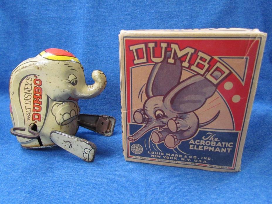VINTAGE DISNEY 1941 DUMBO THE ACROBATIC ELEPHANT TIN WIND-UP MARX TOY RARE BOX!