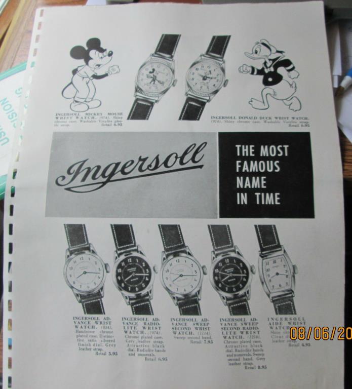 ingersoll mickey mouse watch ad catalog 1940s or 1950s