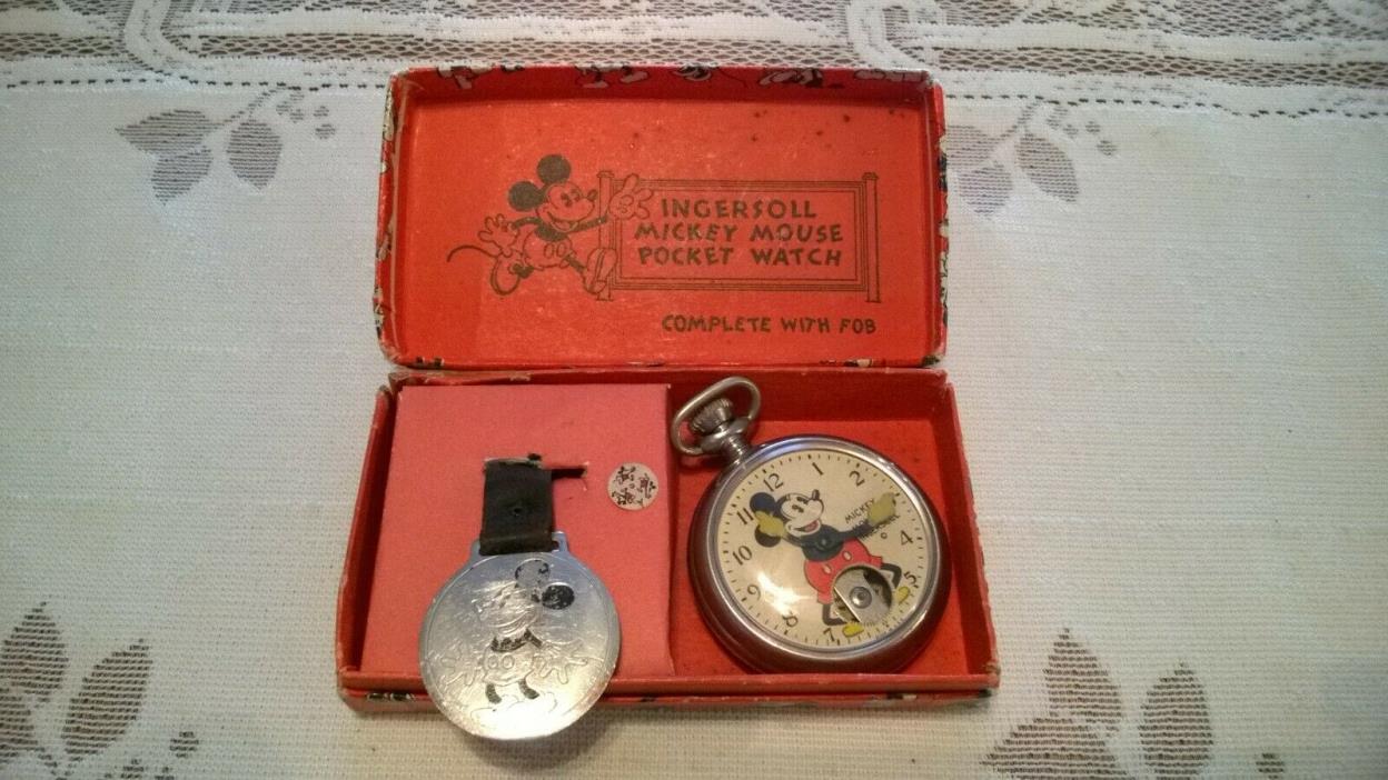 Walt Disney MICKEY MOUSE INGERSOLL Pocket Watch Runs