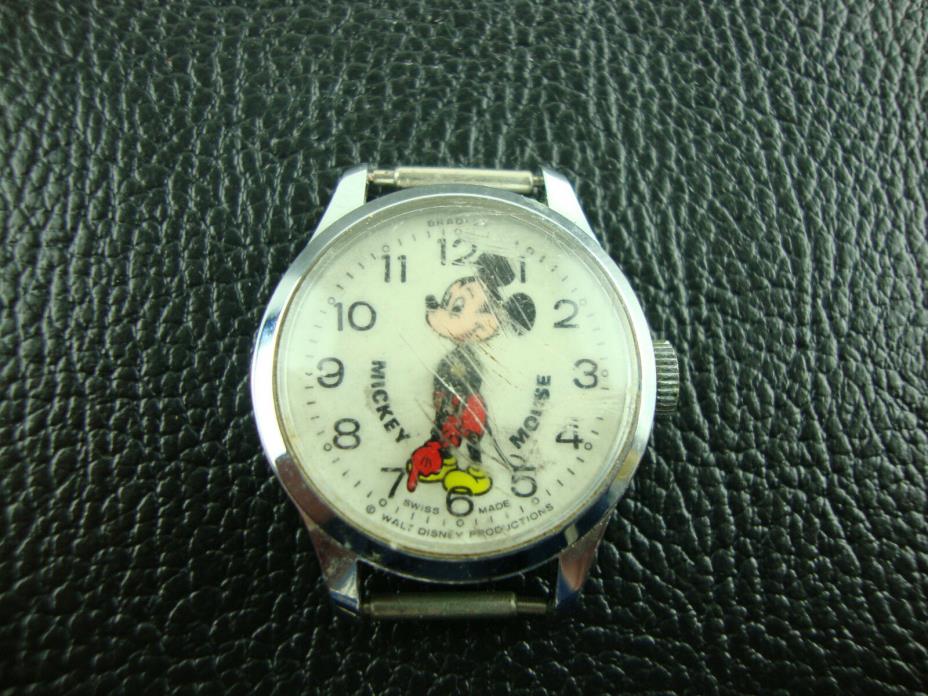 Vintage Bradley SWISS made wind up Disney Mickey Mouse Watch For Part Or Repair
