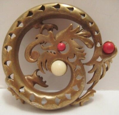 Old Unusual Heavy & Ornate Brass Dragon Pin - Odd Animal Jewelry