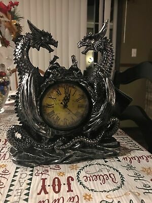 Private Label Twin Evil Dragons Antiqued Mantel Clock Table Desk BRAND NEW