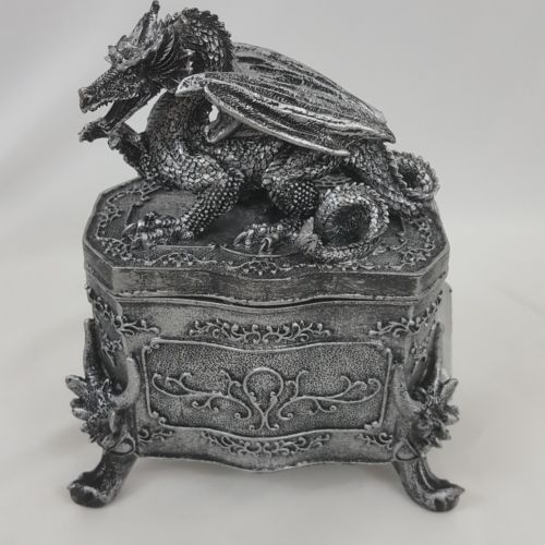 Medieval Fantasy Mythical Dragon Lidded Treasure Round Trinket Box Decor Gift