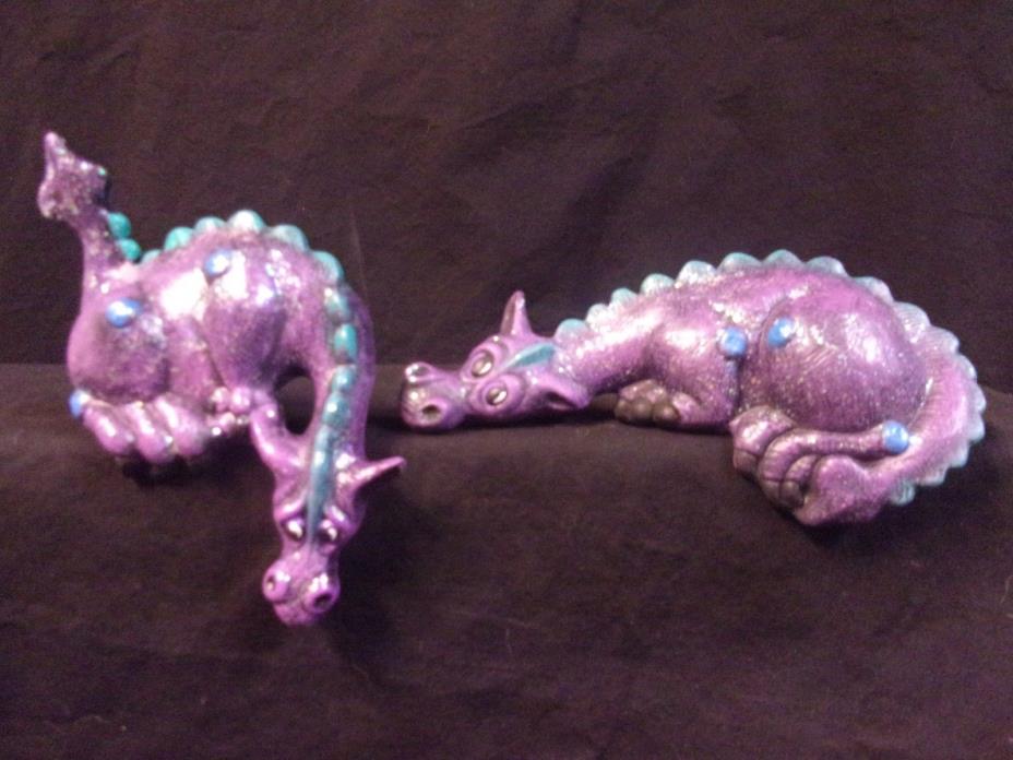 Hand Painted Ceramic Dragon Shelf Sitter Pair Purple