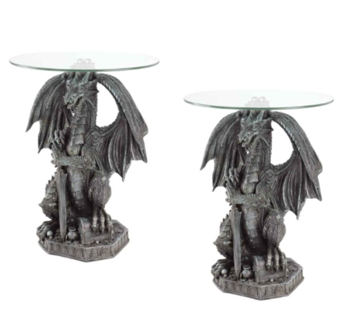 2 FIERCE DRAGON ACCENT TABLES Medieval Statue Stone Look Round Glass Top