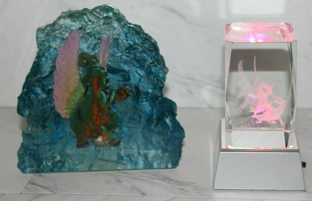 Dragon and Baby in Blue Lucite + Light changing Dragon Hologram in cube