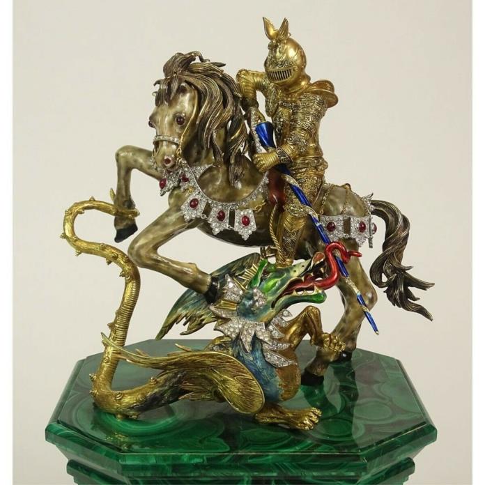 Enameled 18 Karat Yellow and White Gold Saint George and the Dragon Sculpture