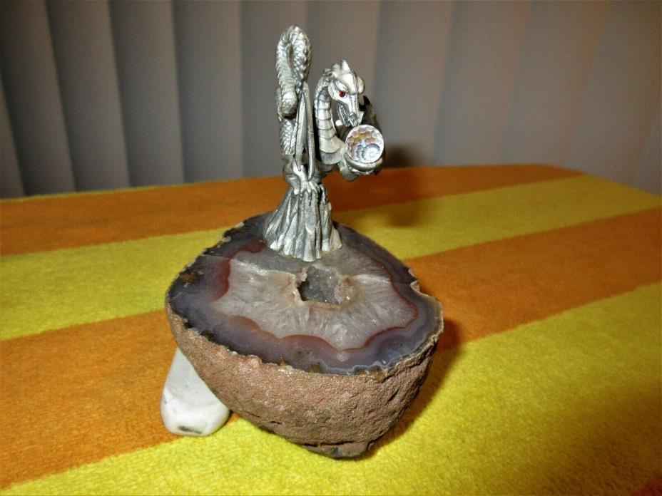 Vintage Pewter Dragon Figure Figurine Statue Crystal Ball Polished Geode Rock