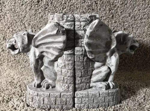 Vintage 6” Concrete WINGED GARGOYLE BOOKENDS, Castle Guardian, Dragons Medieval