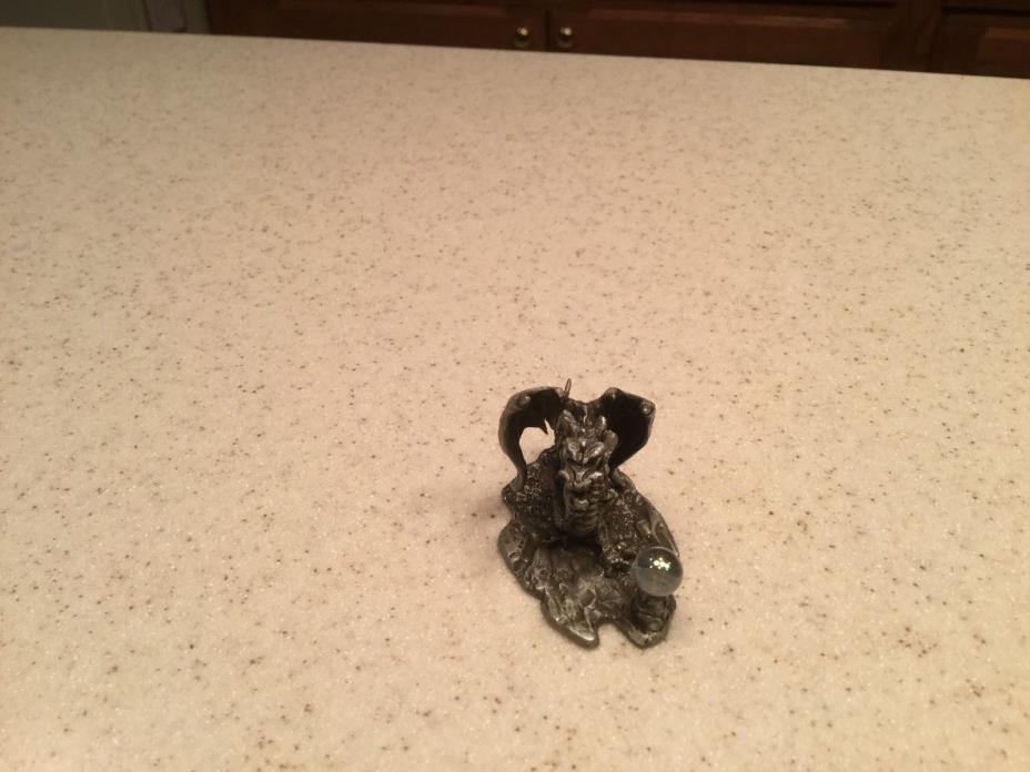 Vintage Pewter Unmarked Dragon With Crystal Ball Figurine Statue