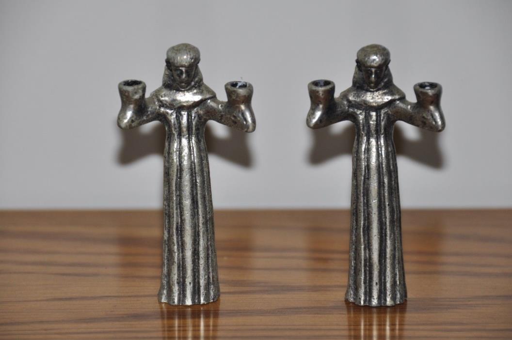 2 GOTHIC MEDIEVAL MONKS FRIARS PEWTER CANDLE HOLDERS 3 1/4