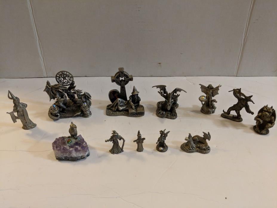 Pewter Fantasy Dragon and Wizard figure collection bundle