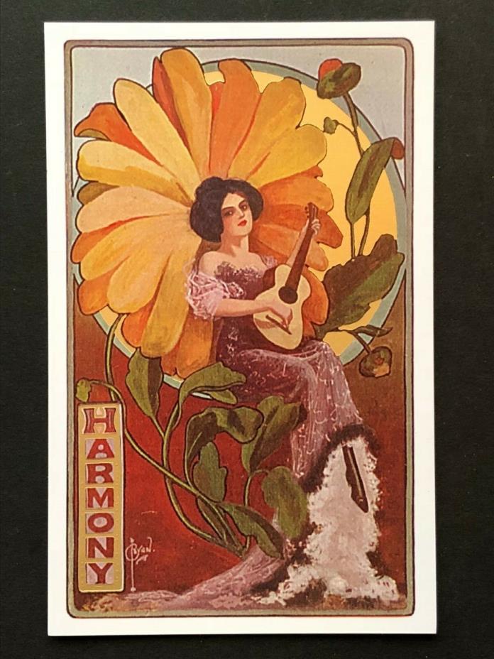 repro vintage postcard HARMONY GUITAR FLOWER FAIRY gold Pleiades Press p185 NOS