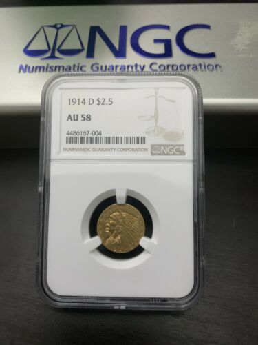 1914 D US $2.5 Dollar Indian Head Quarter Eagle GOLD Coin NGC Graded AU58