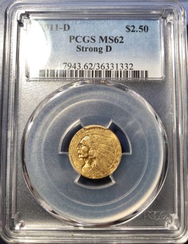 1911-D $2.50 Indian Head Gold Coin PCGS MS62 Very Strong D*Looks Nicer*