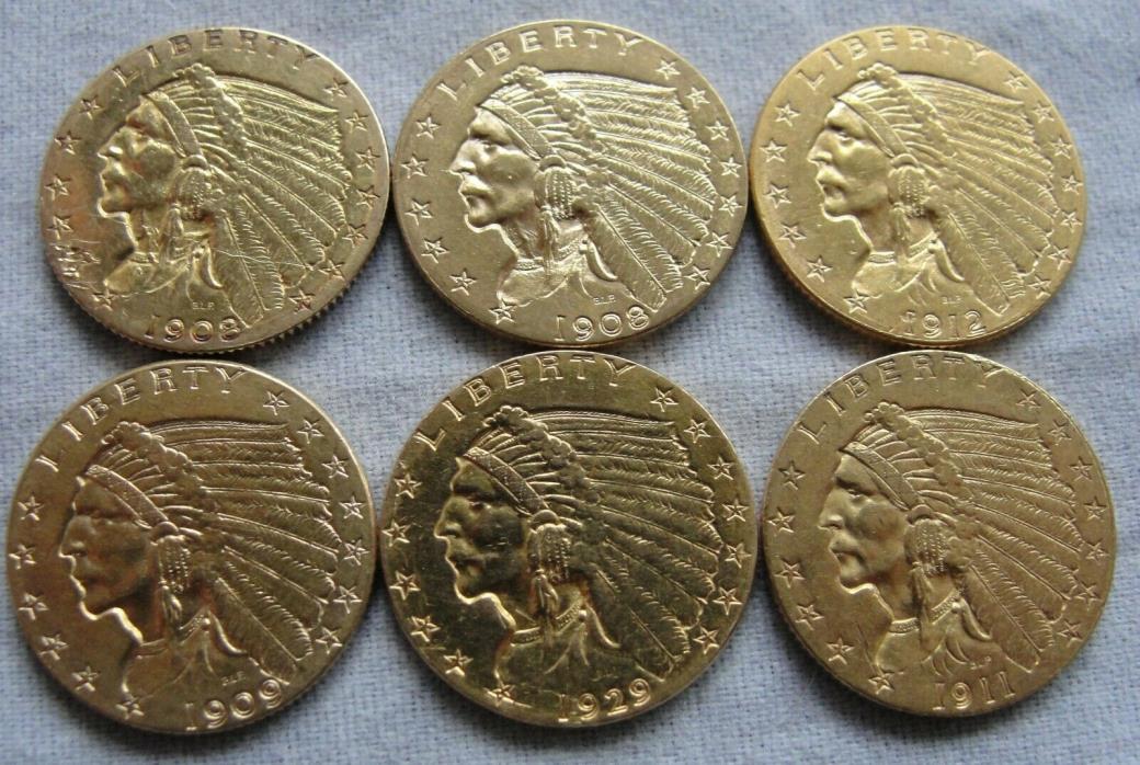 Investor's Lot of 6 (six) $2.5 Gold Indian Head Quarter Eagle Pre-1933 U.S. Gold