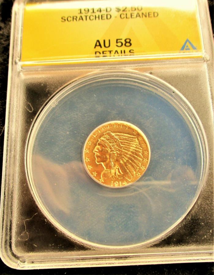 1914-D U.S. Coin Gold Quarter Eagle $2.50 Authenticated AU 58 Encased