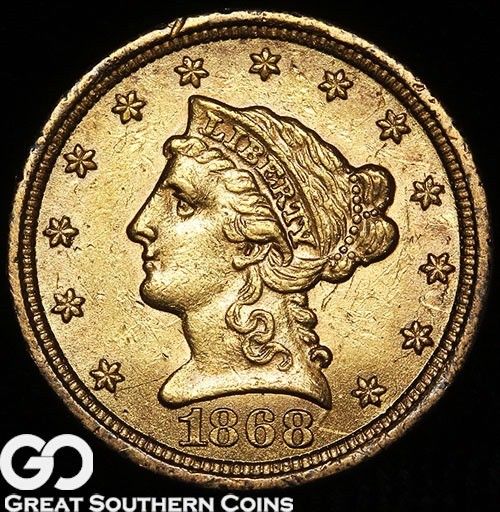 1868-S Quarter Eagle, $2.5 Gold Liberty, Nice Choice Uncirculated+ Key Date!