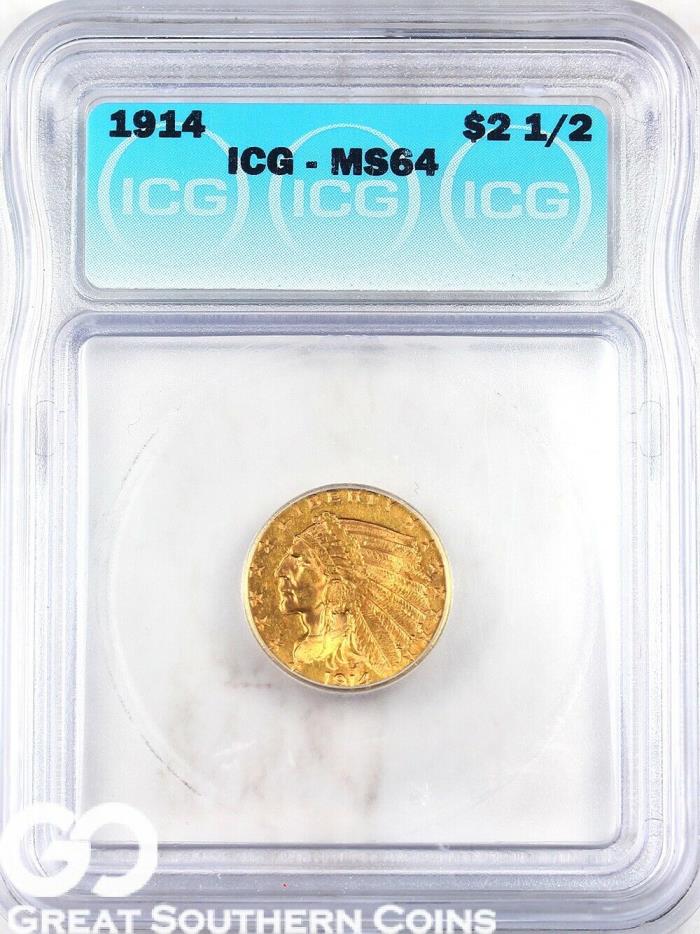 1914 Quarter Eagle, $2.5 Gold Indian ICG MS 64 * Wholesale Bid: $3350, PG: $4250