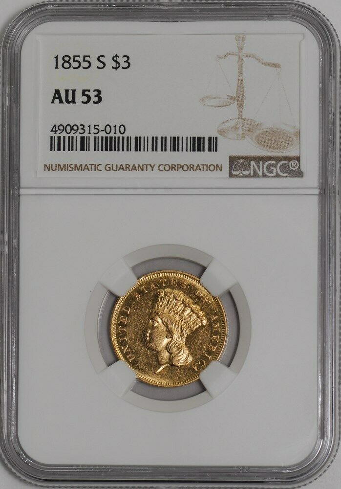 1855-S $3 Gold Indian #941342-3 AU53 NGC