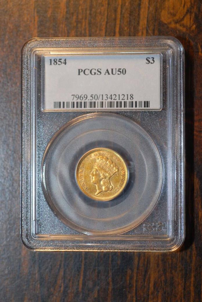 1854 Three Dollar Gold Coin, PCGS AU50