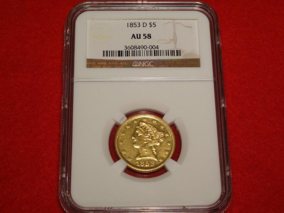 1853-D $5 NGC AU58 DAHLONEGA Mint Liberty Head Gold Half Eagle Rare 34-X Variety