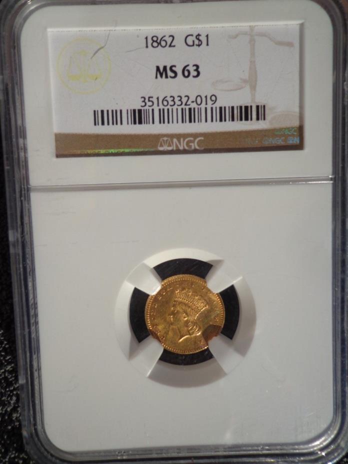 1862 $1 Gold Indian Head Princess,  NGC MS 63, Type 3 Beautiful color
