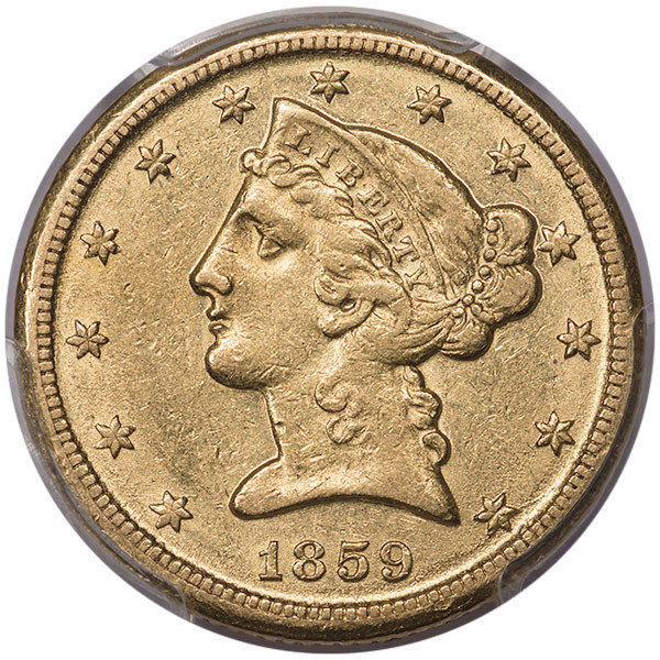 1859-D $5 MEDIUM D PCGS AU53