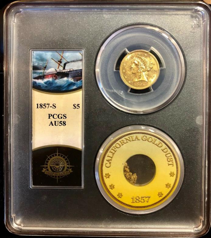 1857-S $5 Liberty PCGS AU58 SS Central America shipwreck with pinch of gold dust