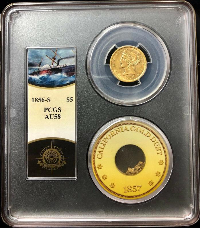 1856-S $5 Liberty PCGS AU58 SS Central America shipwreck w/ pinch 2nd recovery
