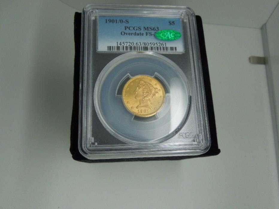 1901/0 S $5 LIBERTY HEAD GOLD COIN PCGS CERTIFIED MS63 OVERDATE - CAC STICKERED