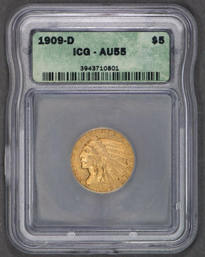 1909-D $5 INDIAN HEAD GOLD HALF EAGLE * ICG AU55 * LOT#E745