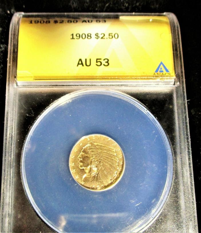 1908 U.S. Coin Gold Half Eagle $5 Authenticated AU 53 Encased