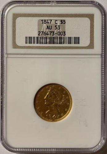 1847-C $5 Gold Half Eagle NGC AU53 Charlotte Mint Old Holder