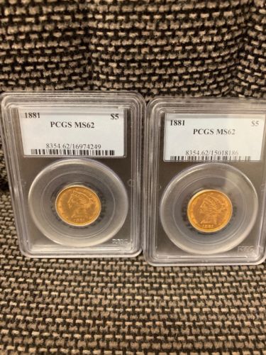 2- PCGS MS62 1881 $5 Liberty Gold Coins.!! Choice BU.!! Free Shipping.