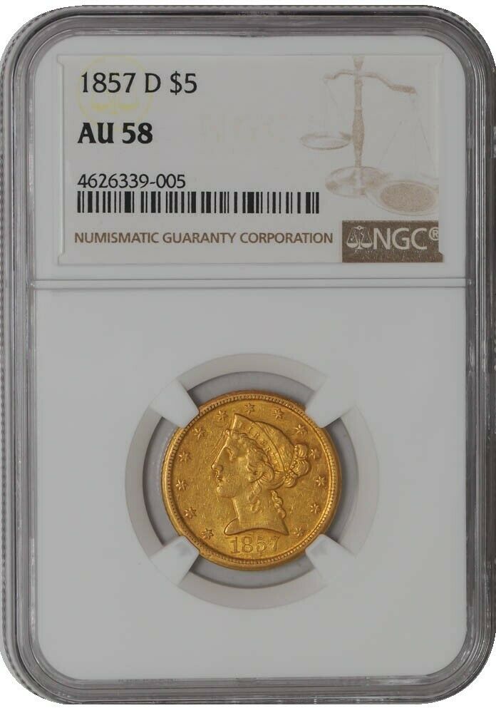 1857-D $5 Gold Liberty #938393-8 AU58 NGC