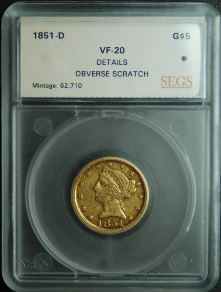 1851-D $5 Gold Liberty Half Eagle, VF,  Free Shipping