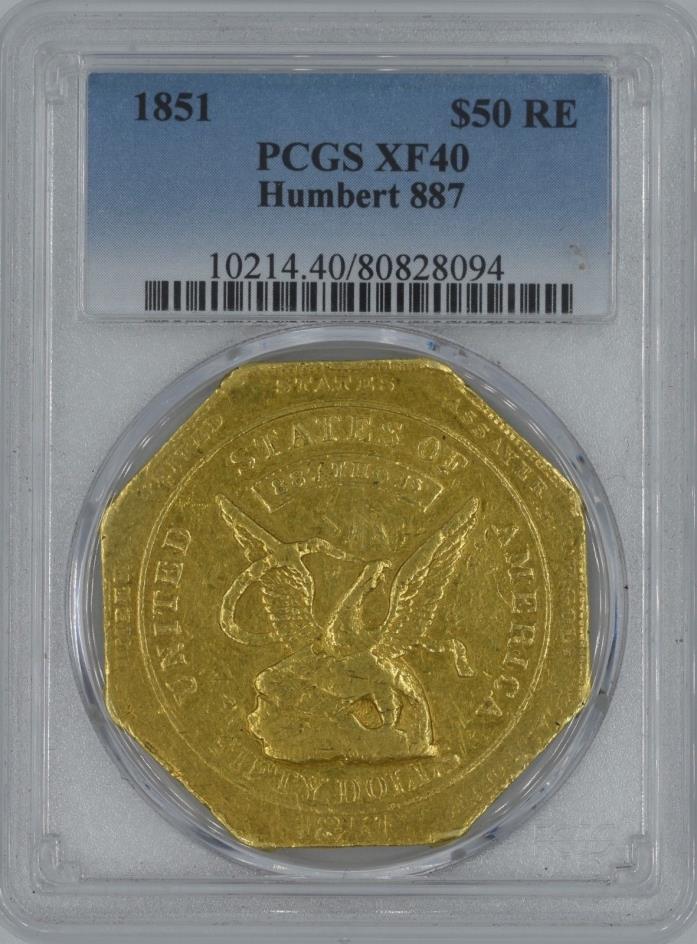 1851 Humbert 887 Slug $50 Gold XF 40 PCGS