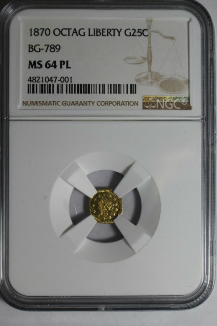 1870 25C California Fractional Gold BG-789 MS 64 PL NGC 47-001